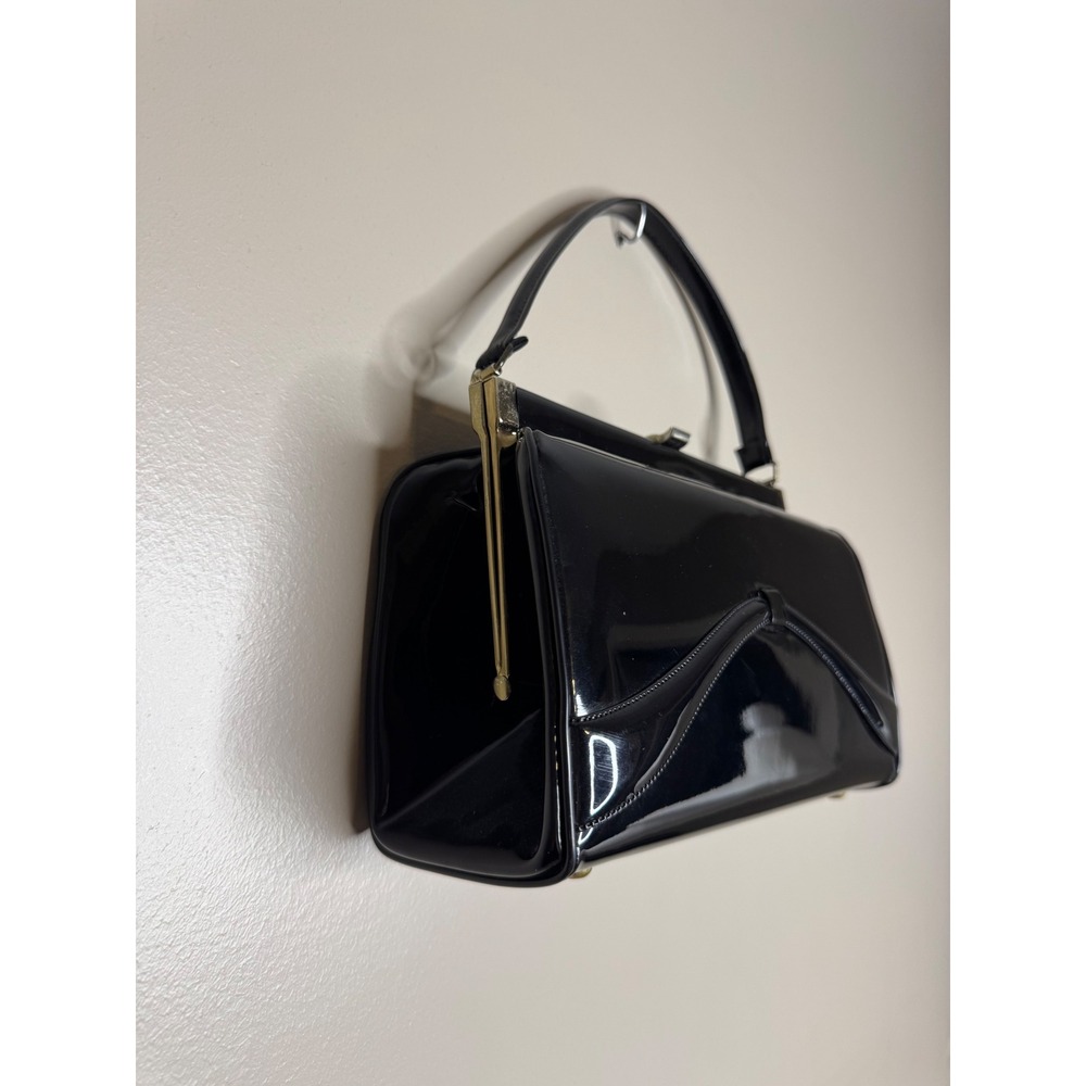 Verdi Mid Century Black Patent Leather Handbag Vintage Striped Lining Pristine